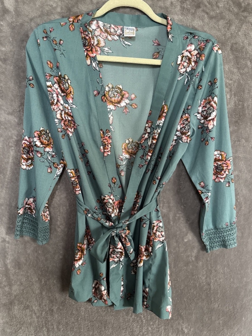 Japna Lounge Women's Wrap Robe Green & Burnt Orange 3/4 Sleeve Size Medium